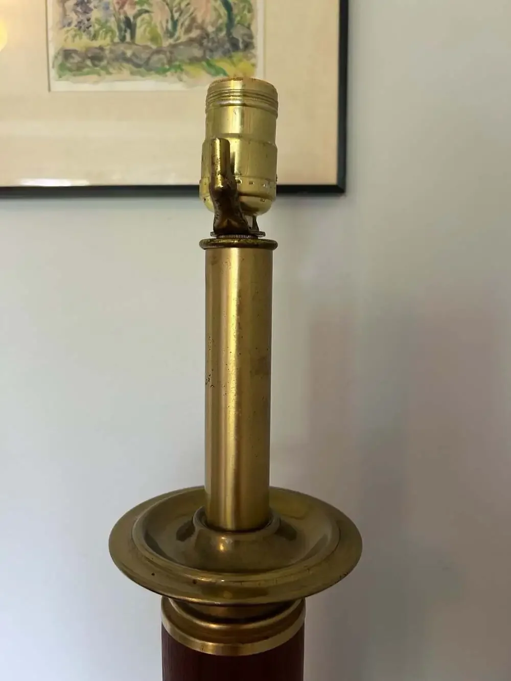 Vintage Mid-Century Modern Teak and Brass Column Table Lamp
